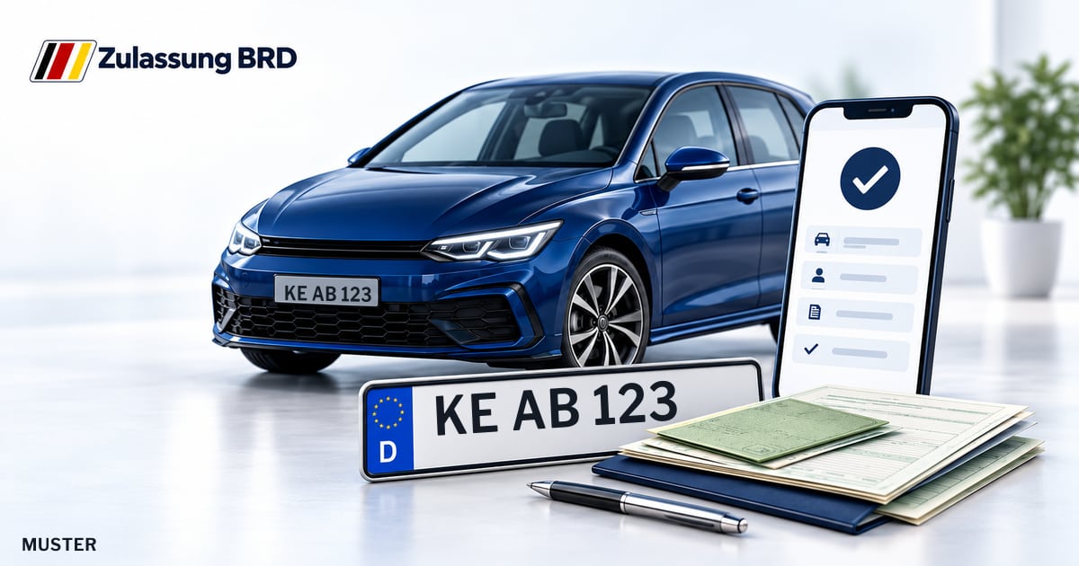 Online Fahrzeugzulassung in Kempten: Musterkennzeichen KE AB 123, Auto und Fahrzeugpapiere und Smartphone. Illustration mit Logo von Zulassung BRD.